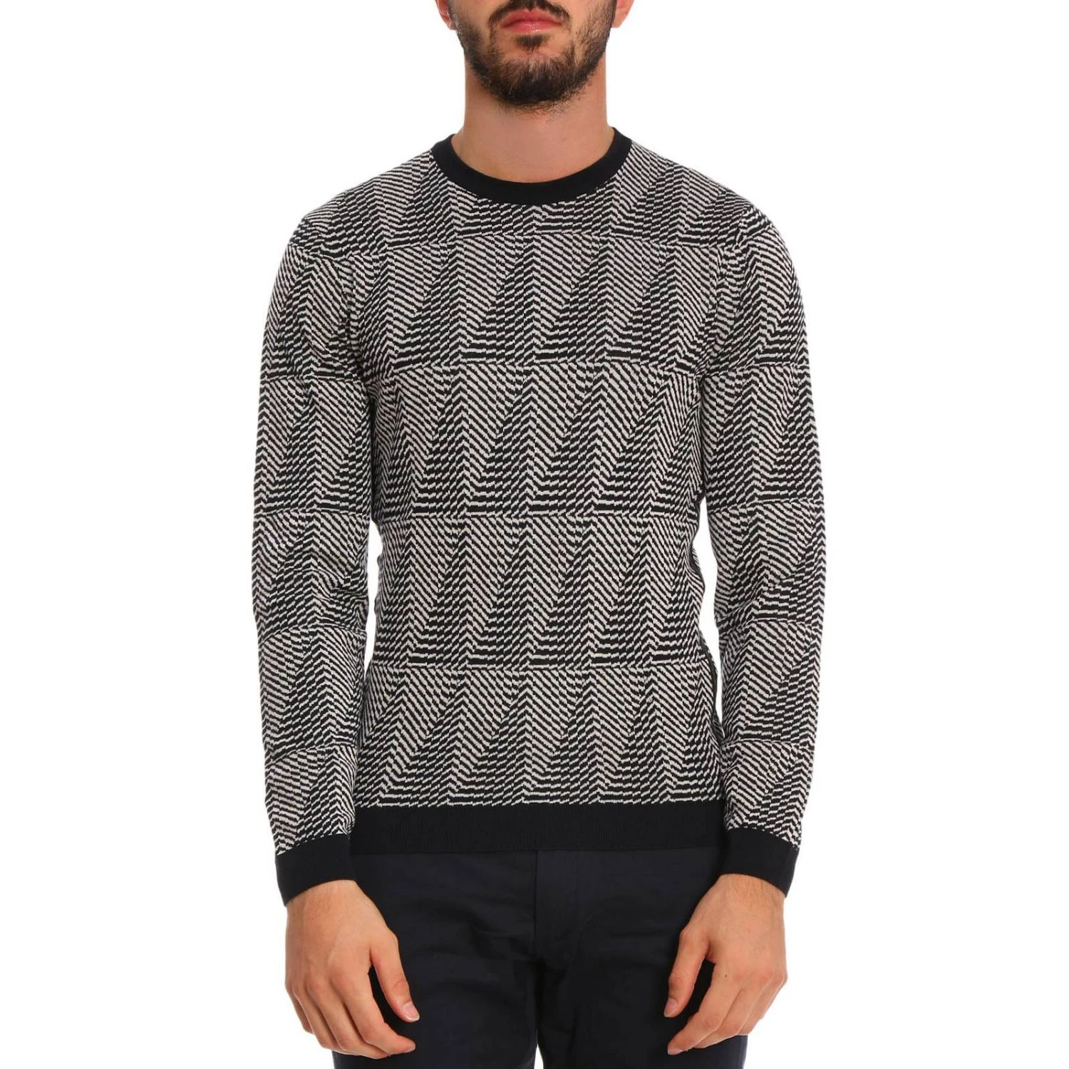 商品Giorgio Armani|GIORGIO ARMANI 男士海军蓝灰白三角格纹羊毛圆领毛衣 6ZSMA9-SMA8Z-UBWF,价格¥2680,第1张图片