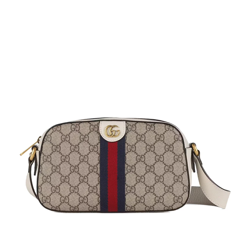 商品Gucci|GUCCI/古驰 22春夏新款Ophidia系列 男女同款米色/乌木色帆布白色皮革滚边金扣斜跨单肩相机包68106496IWT9794,价格¥9260,第1张图片