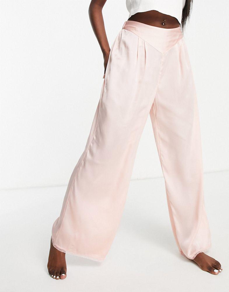 Topshop lace trim satin pyjama trouser in pink商品第3张图片规格展示