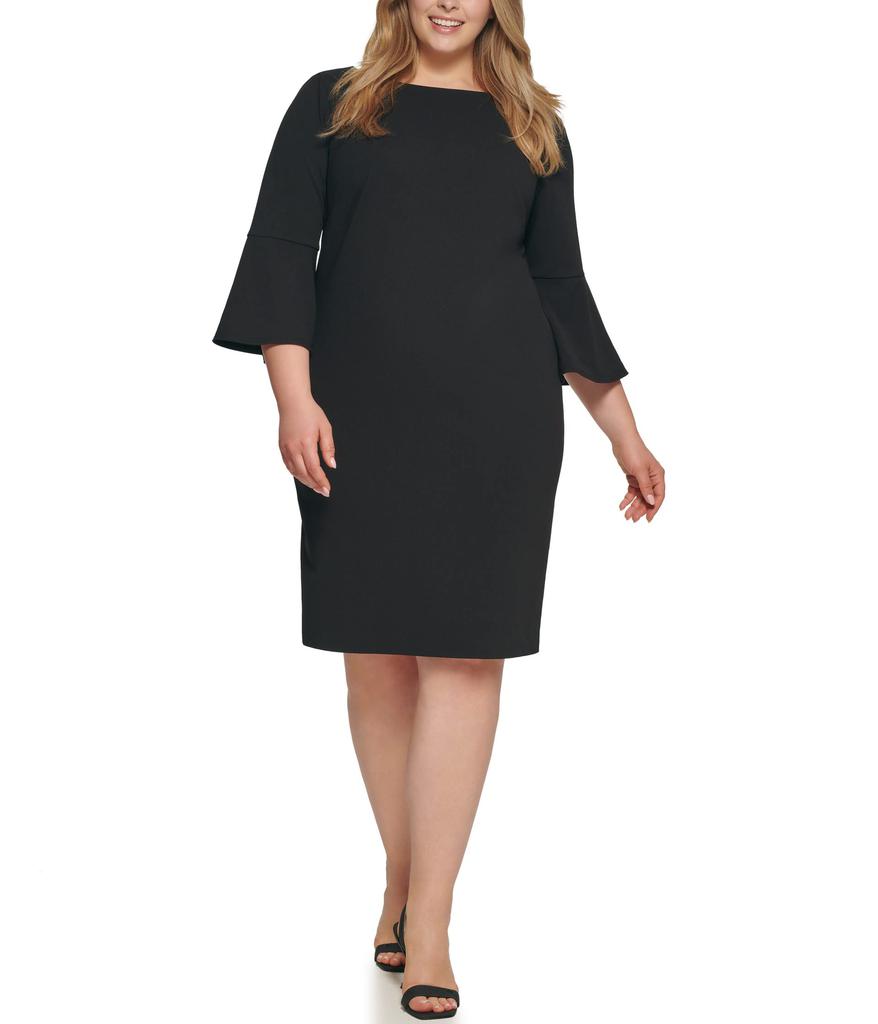 Plus Size Scuba Crepe Sheath Dress with Bell Sleeve商品第1张图片规格展示