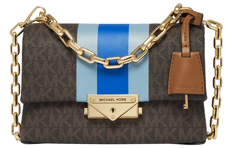 商品[国内直发] Michael Kors|迈克高仕 Cece 经典老花满印链条 通勤时尚条纹拼色翻盖 斜挎包单肩包 超小号 女款 深棕/棕色/蓝色/浅蓝,价格¥922,第1张图片
