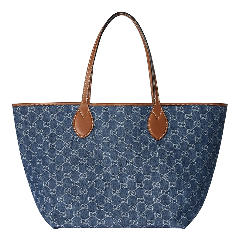 商品Gucci|Gucci古驰25新款 女士中号蓝色牛仔布GG标识皮革饰边手提包,价格¥14429,第4张图片详细描述