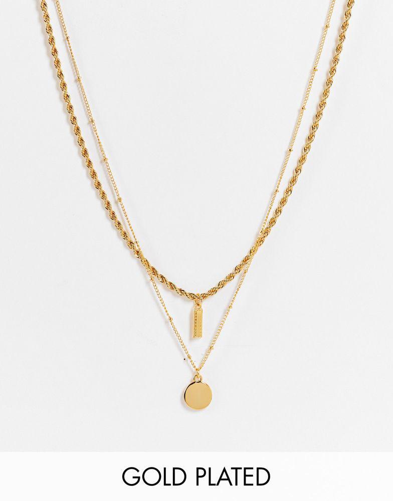 商品ASOS|ASOS DESIGN 14k gold plated pack of 2 necklaces with bar and disc pendants,价格¥140,第1张图片