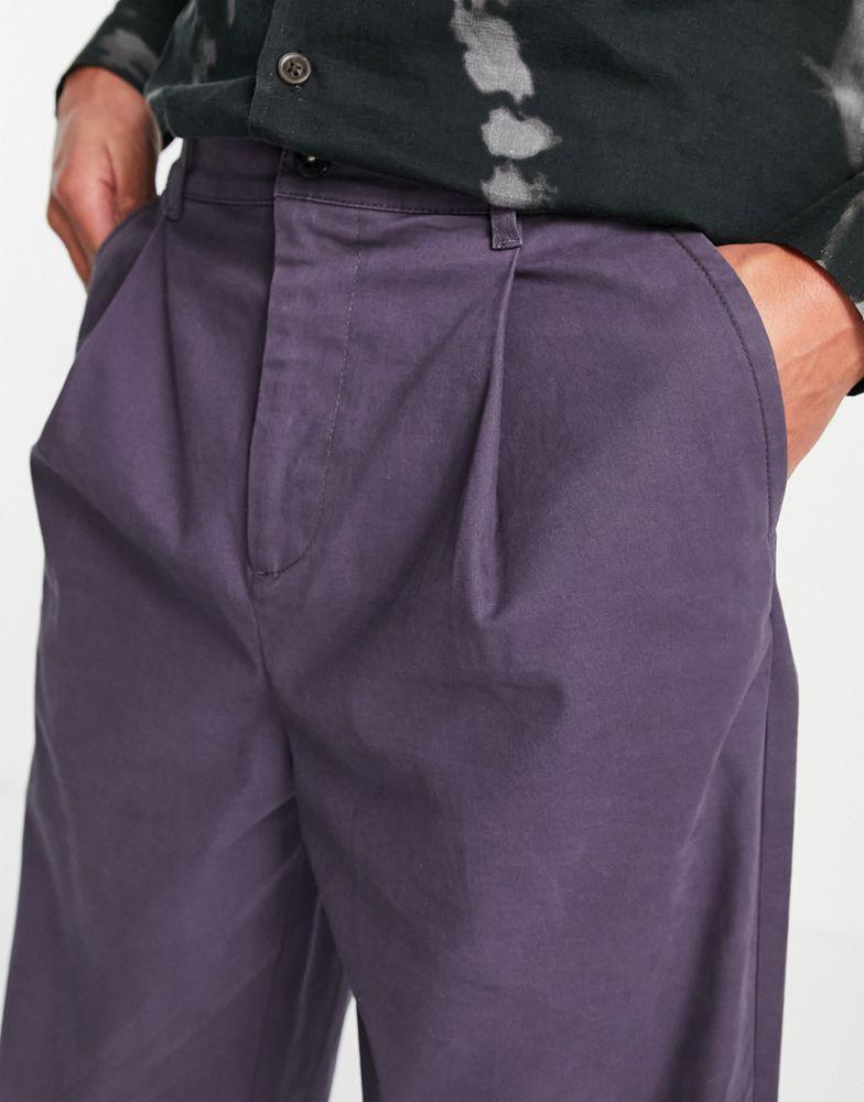 商品ASOS|ASOS DESIGN wide leg chino trousers with pleats in washed navy,价格¥94,第5张图片详细描述