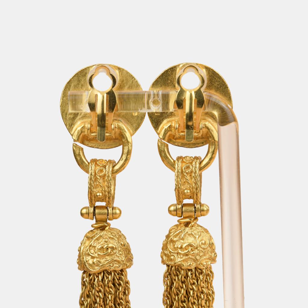 Chanel Vintage 1994 Gold Plated Pearl Fringe Tassel Dangle Clip On Earrings商品第4张图片规格展示