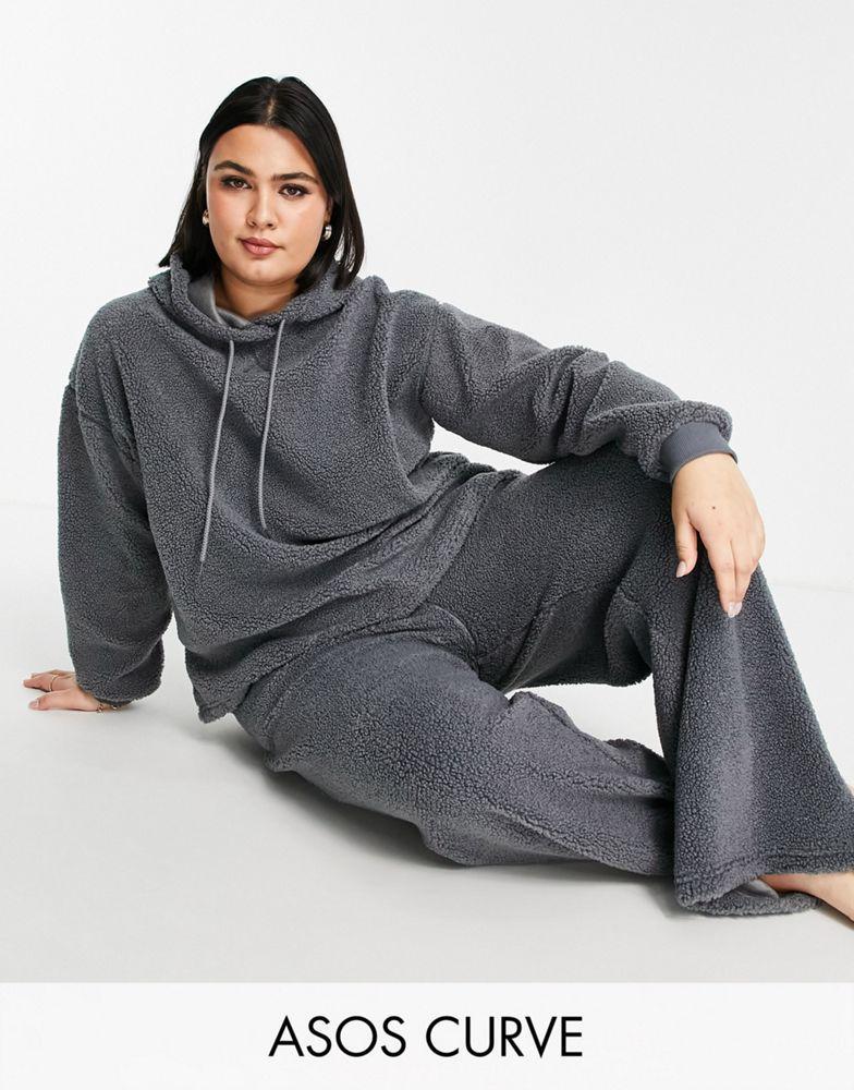 商品ASOS|ASOS DESIGN Curve lounge borg hoodie & straight leg trouser set in grey,价格¥257,第1张图片