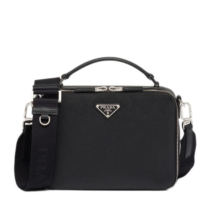 商品Prada|PRADA/普拉达 22春夏新款Brique系列 男士黑色Saffiano皮革银扣三角徽标配织物肩带单肩斜跨包手提包2VH069_9Z2_F0002_V_YMI,价格¥19514,第1张图片