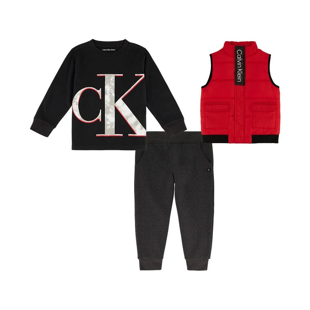 商品Calvin Klein|Little Boys Long Sleeve T-shirt, Fleece Joggers and Puffer Vest, 3 Piece Set,价格¥270,第1张图片