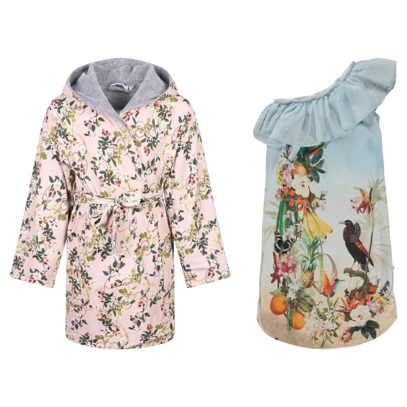 商品MOLO|Blackberry vines organic robe and tropical birds asymmetric dress set in light pink and light blue,价格¥1571,第1张图片