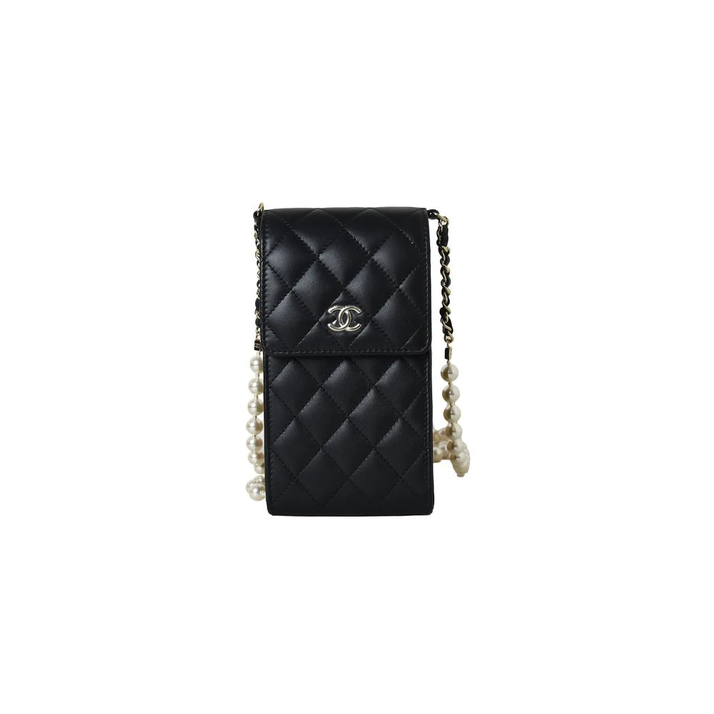 商品Chanel|Chanel Phone Holder With Pearl Chain Lambskin Black Gold,价格¥33416,第1张图片