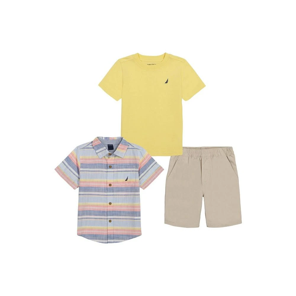 商品Nautica|Little Sizes Boys Short Sleeve T-shirt, Multi-Stripe Gauze Shirt and Twill Shorts, 3 Pc Set,价格¥465,第1张图片