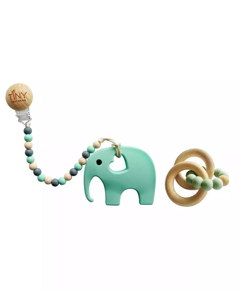 商品Tiny Teethers Designs|3 Stories Trading Tiny Teethers Infant Silicone And Beech Rattle And Teether Gift Set, Elephant,价格¥262,第1张图片