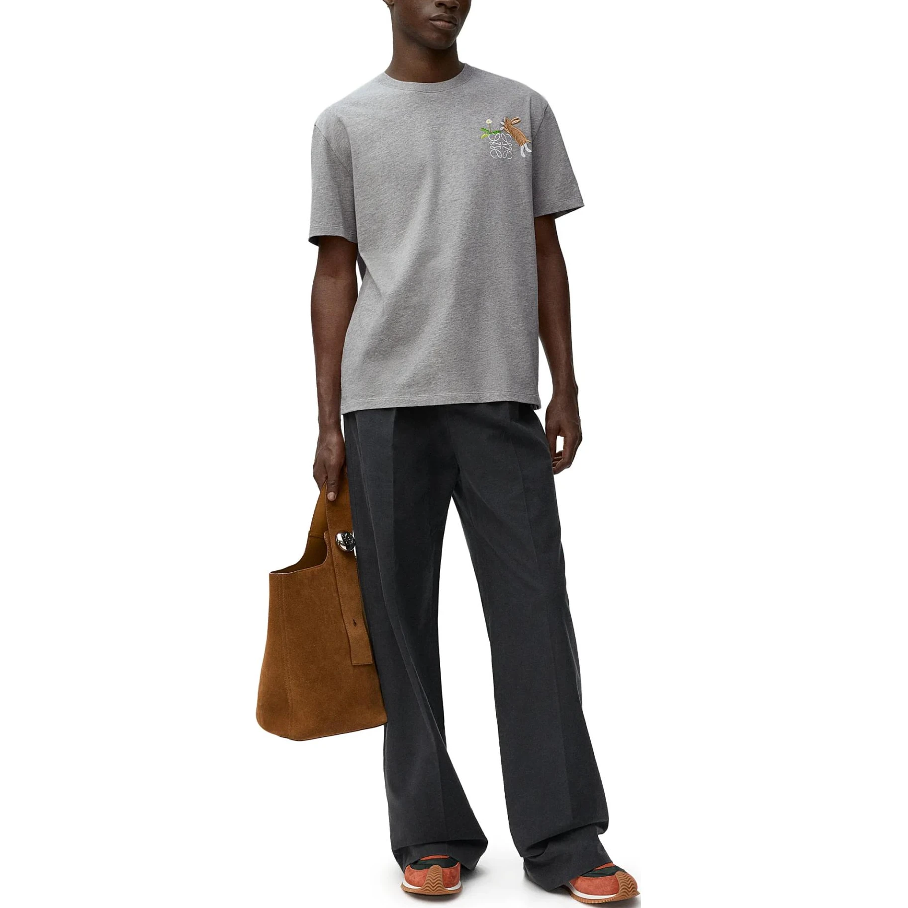 商品[国内直发] Loewe|罗意威 x Suna Fujita SS25 圆领小兔图案刺绣宽松短袖T恤 男款 灰色,价格¥4927,第3张图片详细描述