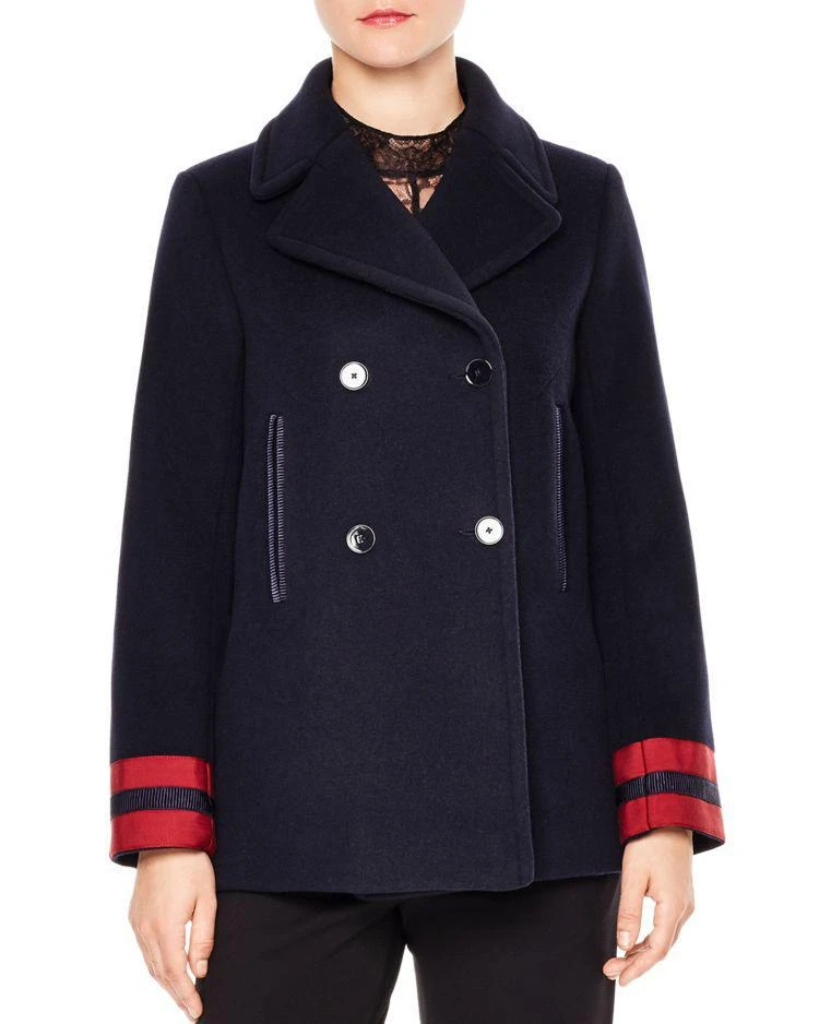 商品Sandro|Cynda Ribbon-Cuff Double-Breasted Peacoat,价格¥2538,第1张图片