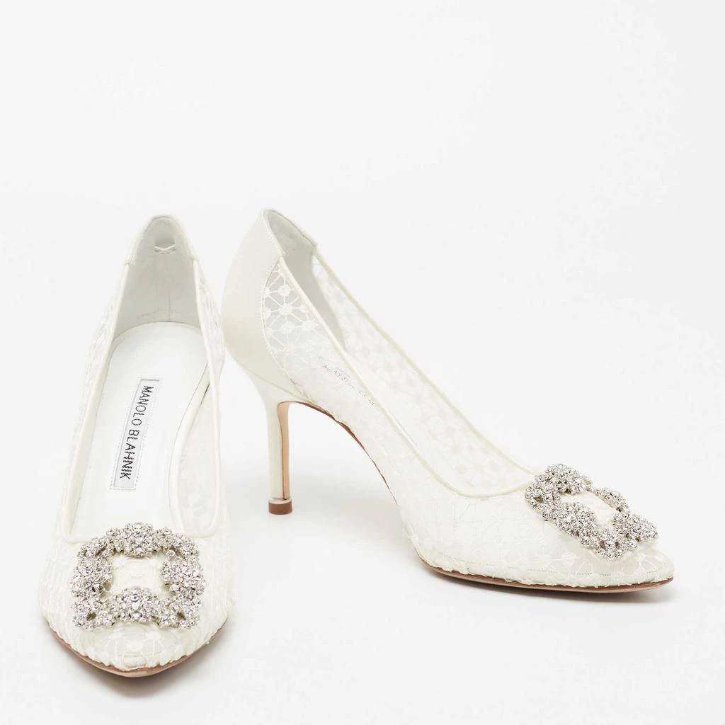 商品[二手商品] Manolo Blahnik|Manolo Blahnik White/Grey Lace and Satin Hangisi Pointed Toe Pumps Size 36,价格¥4115,第4张图片详细描述