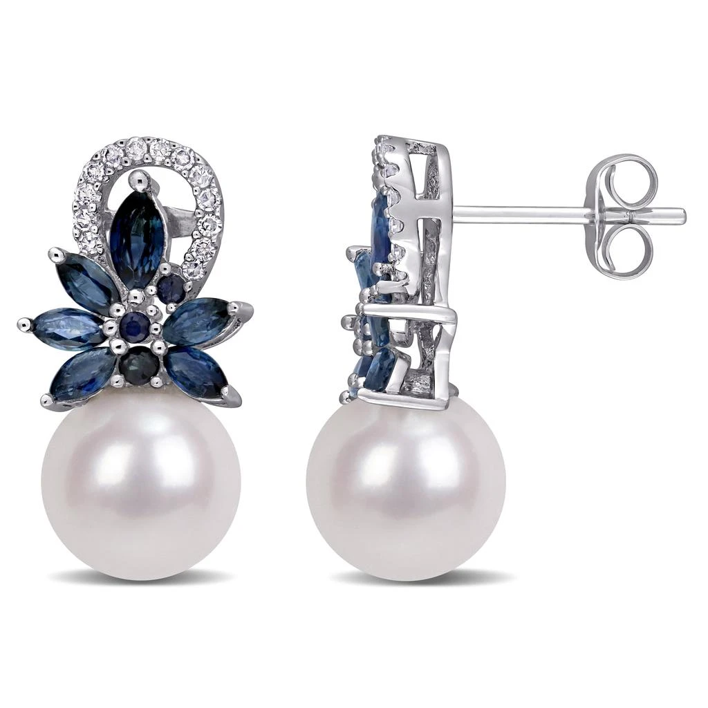 商品Mimi & Max|9-9.5 MM Cultured Freshwater Pearl and Sapphire and 1/8 CT TW Diamond Flower Drop Earrings in 14k White Gold,价格¥4979,第1张图片