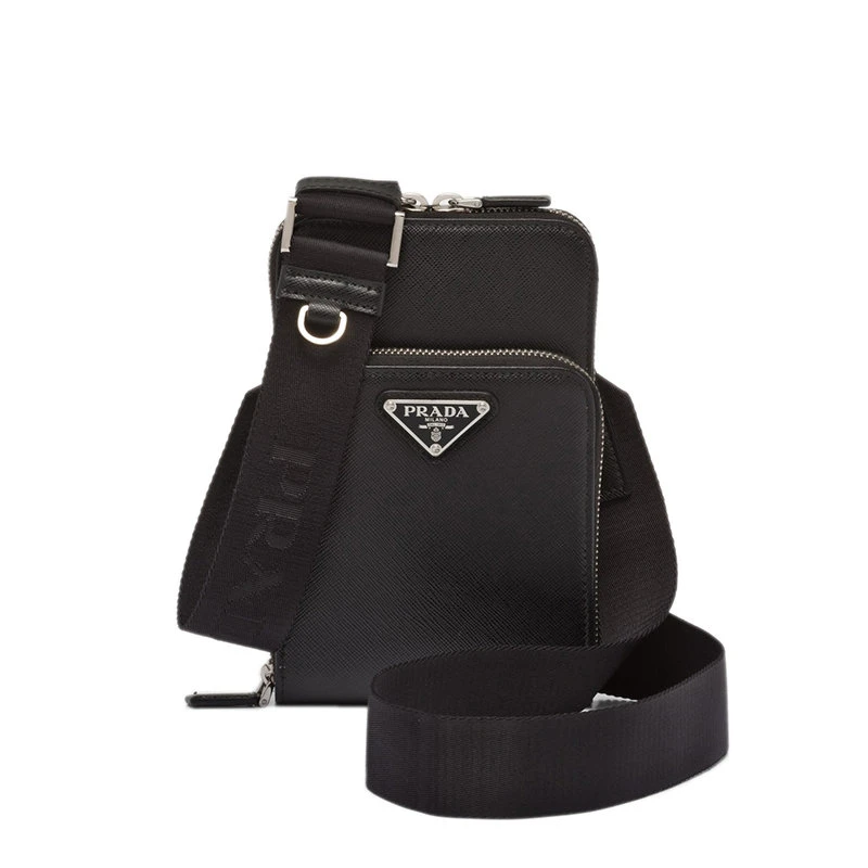 商品Prada|【预售3-7天】PRADA/普拉达 22春夏新款 男士黑色Saffiano皮革银扣三角徽标配织物肩带双层空间拉链开合斜跨单肩包2ZH126_053_F0002,价格¥7930,第1张图片