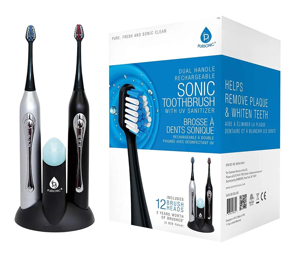 商品PURSONIC|Dual Handle Rechargeable Sonic Toothbrush With UV Sanitizer,12 Brush heads, Black &Silver,价格¥611,第1张图片