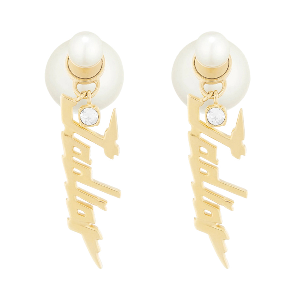 DIOR E1576TRIRS-D301 女士金色饰面金属和白色树脂珠饰搭配白色仿水晶装饰耳环商品第1张图片规格展示