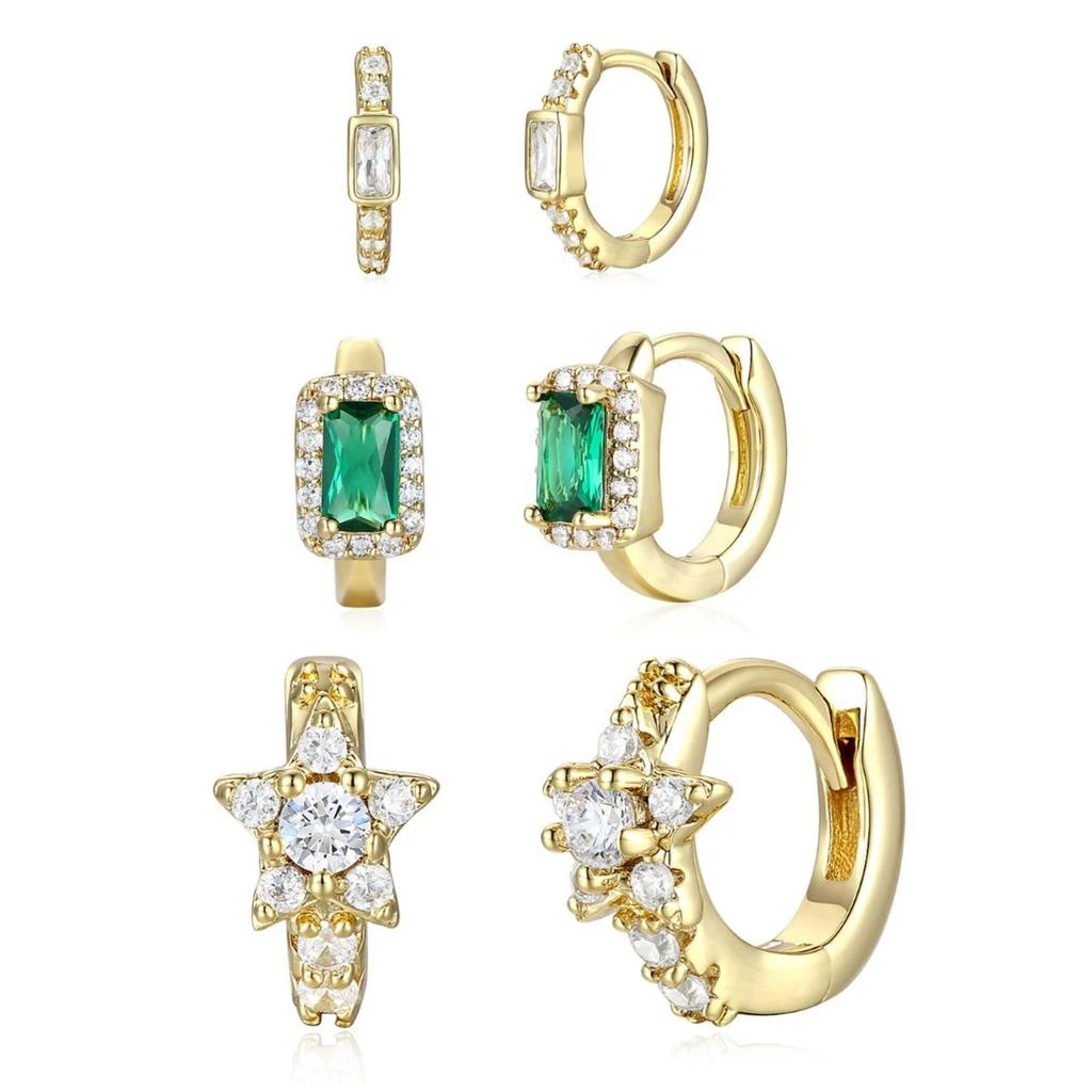 商品Genevive|Sterling Silver 14k Gold Plated With Emerald & Diamond Cubic Zirconia Halo Star 3-piece Hoop Earrings Set,价格¥633,第1张图片