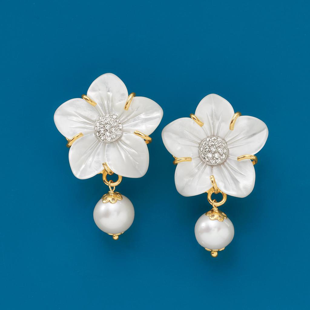 Ross-Simons Italian Mother-Of-Pearl and 12mm Cultured Pearl Flower Drop Earrings With Czs in 18kt Gold Over Sterling商品第4张图片规格展示