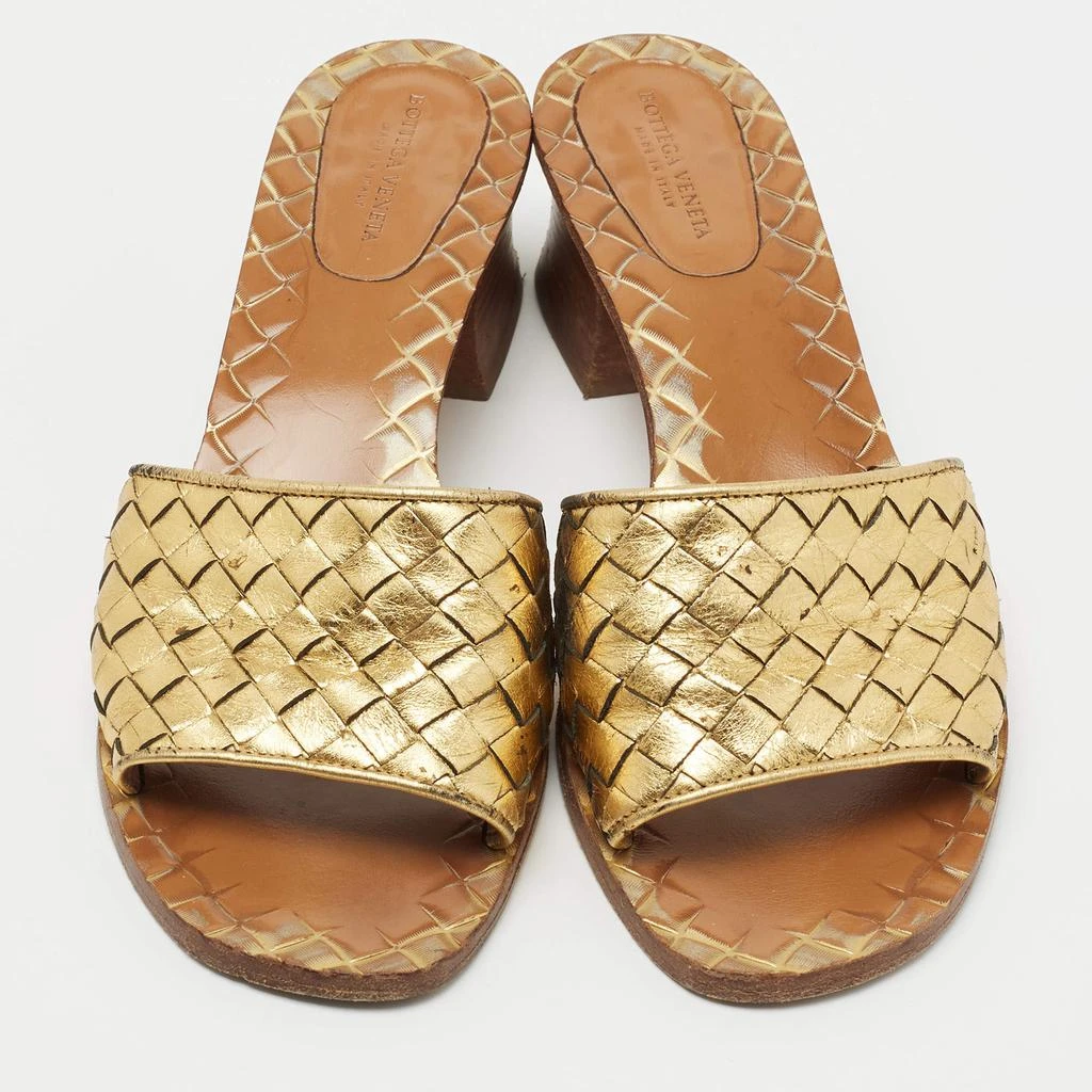 商品[二手商品] Bottega Veneta|Bottega Veneta Gold Intrecciato Leather Ravello Slide Sandals Size 37,价格¥2800,第3张图片详细描述