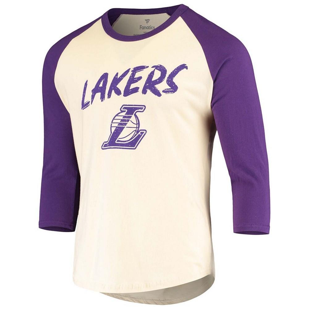 商品Fanatics|Men's LeBron James Cream and Purple Los Angeles Lakers Raglan 3/4 Sleeve T-shirt,价格¥299,第4张图片详细描述