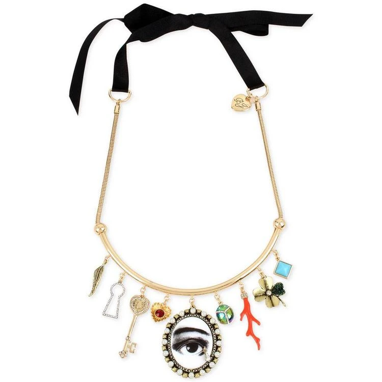 商品Betsey Johnson|Gold-Tone Multi-Charm Black Ribbon Choker Necklace,价格¥401,第1张图片