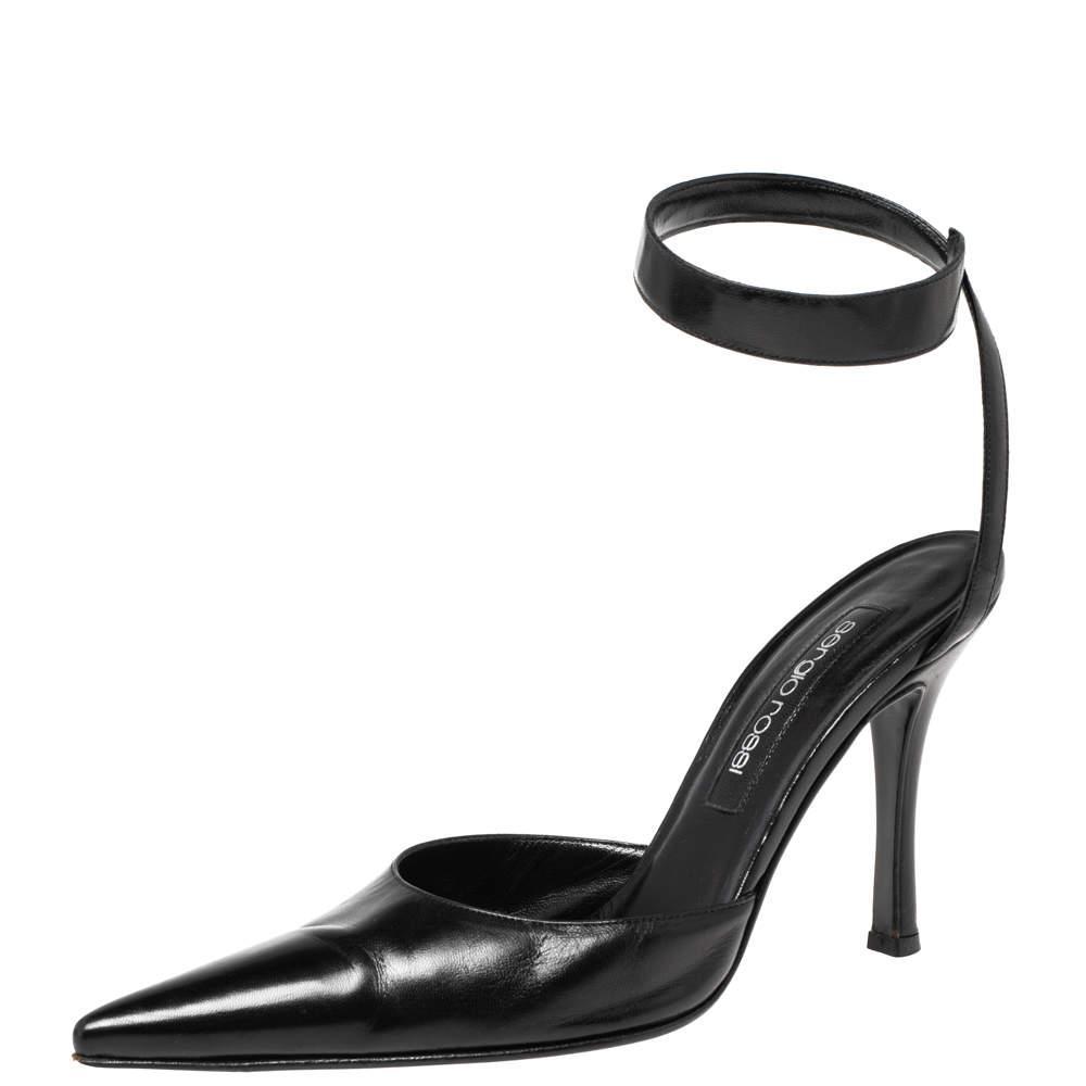 商品[二手商品] Sergio Rossi|Sergio Rossi Black Leather Ankle Wrap Pointed-Toe Pumps Size 37.5,价格¥2277,第1张图片