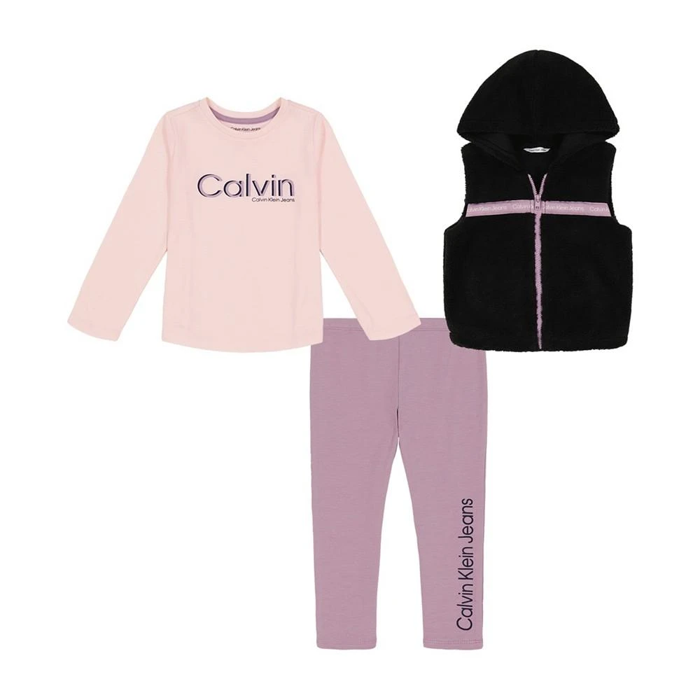 商品Calvin Klein|Little Girls Hooded Sherpa Vest with Logo T-shirt and Leggings, 3 Piece Set,价格¥657,第1张图片