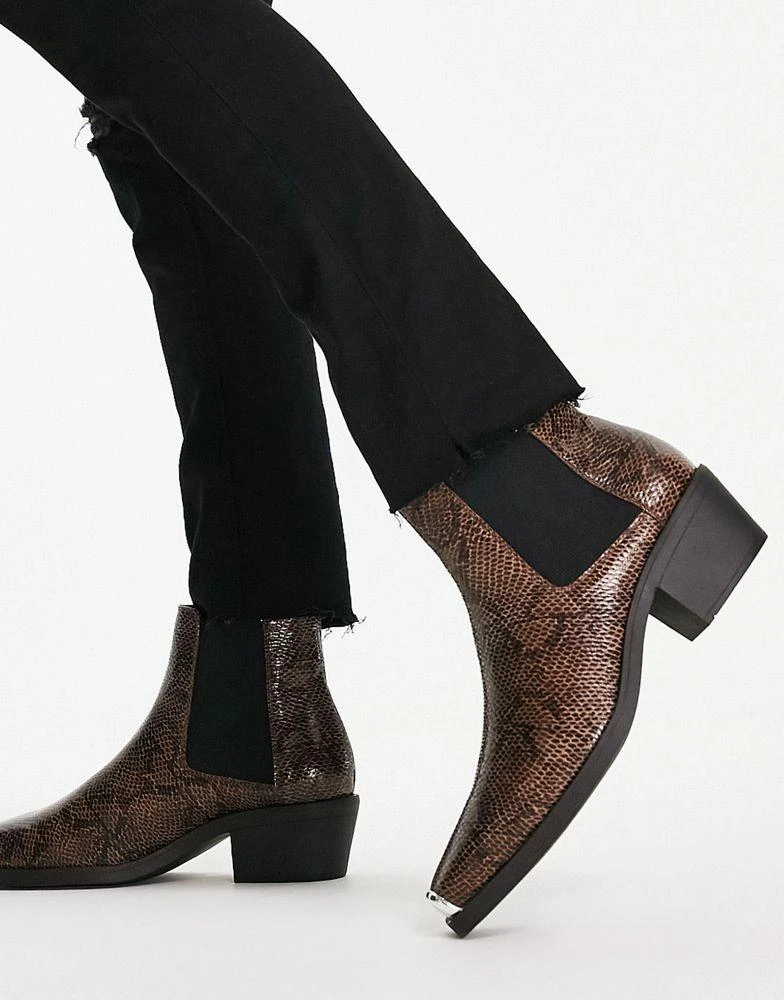 商品ASOS|ASOS DESIGN cuban boot in faux snake print with toecap in brown,价格¥227,第2张图片详细描述