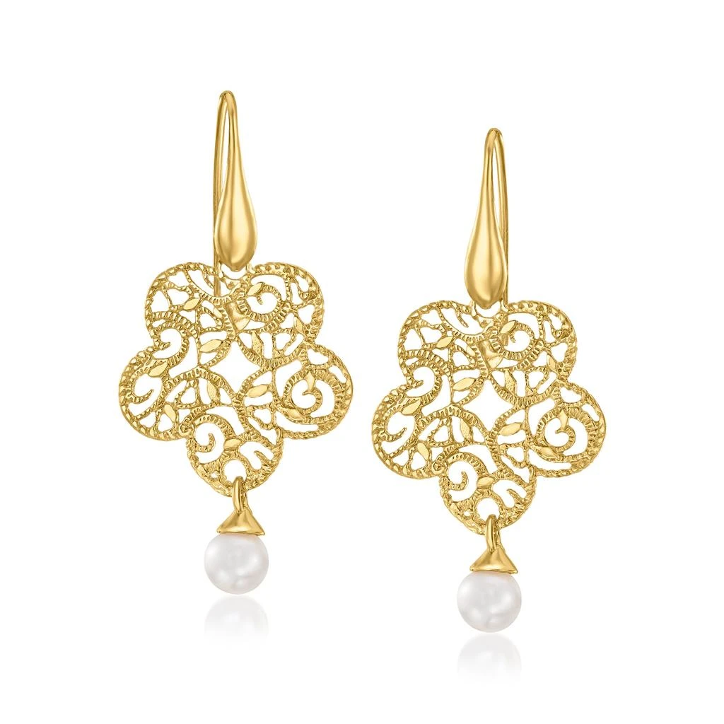 商品Ross-Simons|Ross-Simons Italian 6-6.5mm Cultured Pearl Filigree Flower Drop Earrings in 18kt Gold Over Sterling,价格¥783,第3张图片详细描述