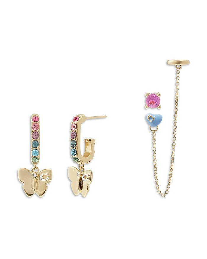 商品Coach|Butterfly Crystal Huggie Hoop Earrings, Single Stud Earrings, & Chain Ear Cuff, Set of 4,价格¥711,第1张图片