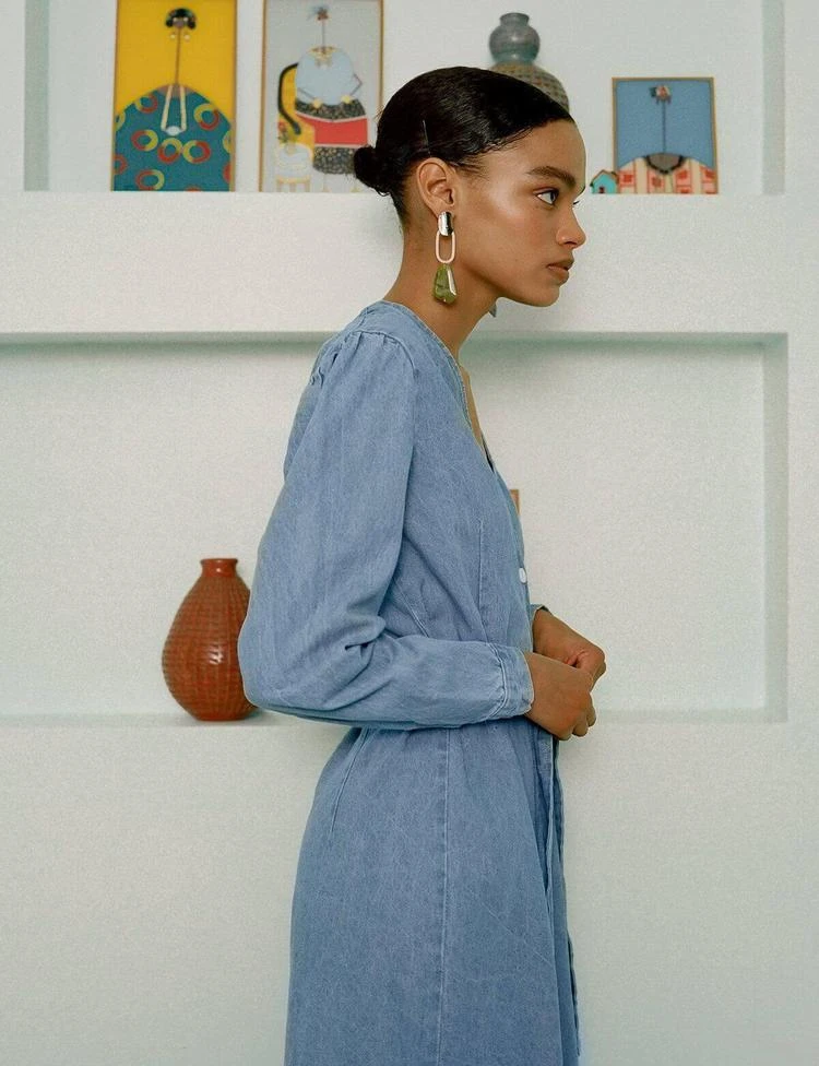 Denim Midi Belted Button Dress 商品