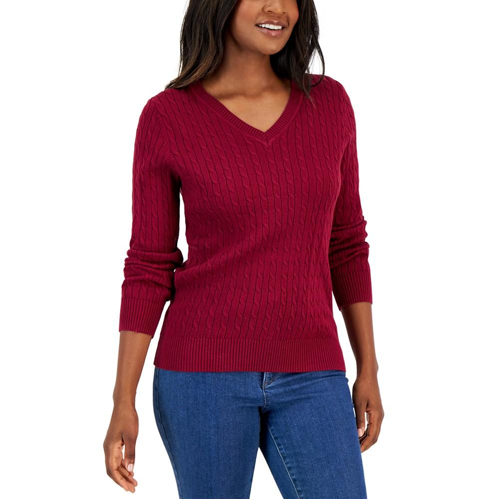 Women's Cable V-Neck Long Sleeve Sweater, Created for Macy's商品第1张图片规格展示