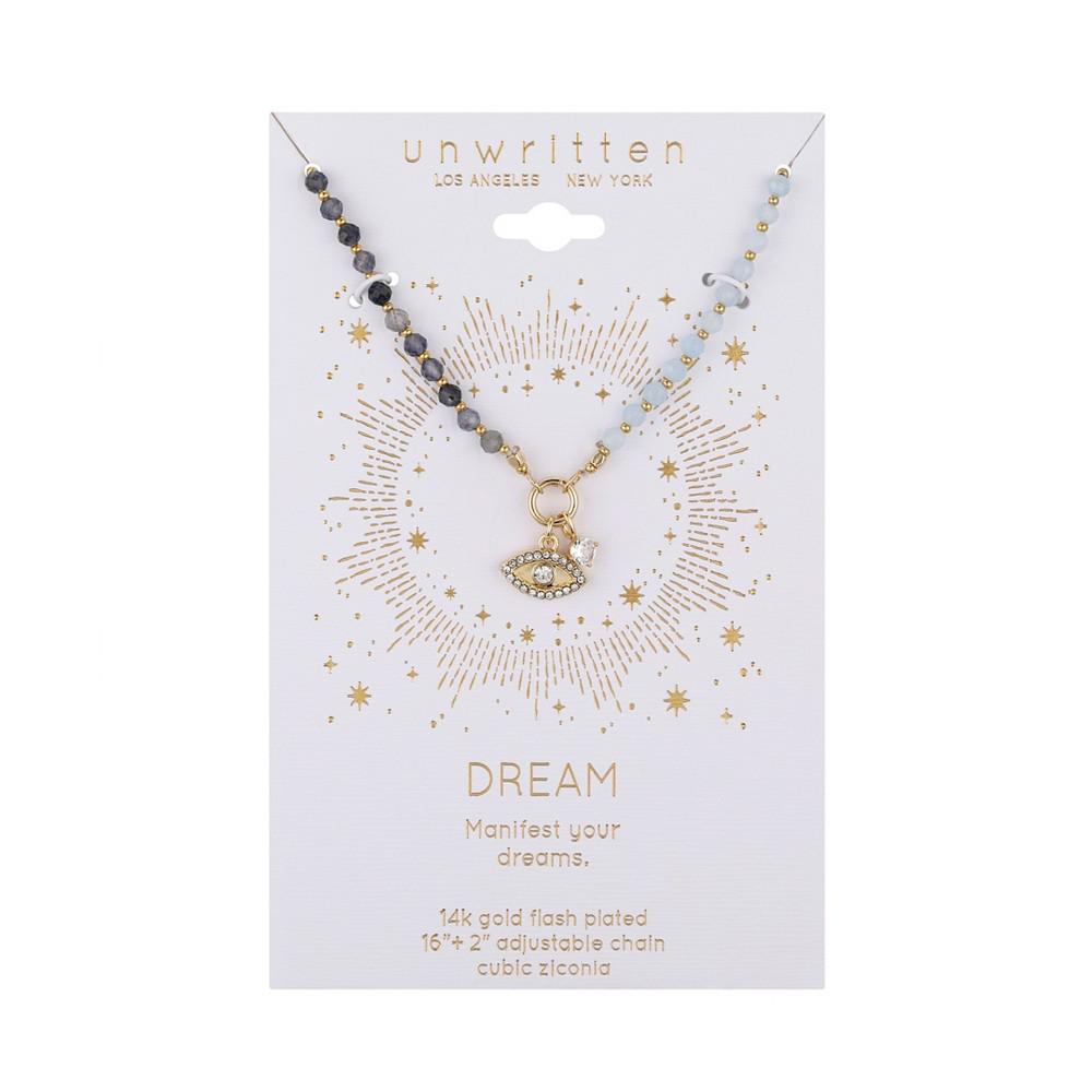 商品Unwritten|14k Gold Plated Cubic Zirconia and Crystal Evil Eye on a Lolite and Aquamarine Beaded Chain Necklace,价格¥237,第5张图片详细描述