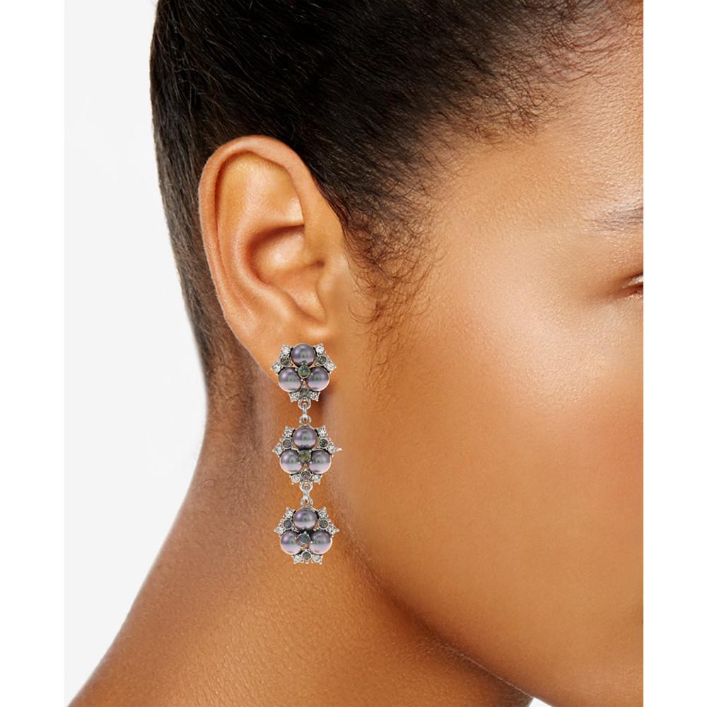 Silver-Tone Crystal & Imitation Pearl Cluster Triple Drop Earrings, Created for Macy's商品第2张图片规格展示