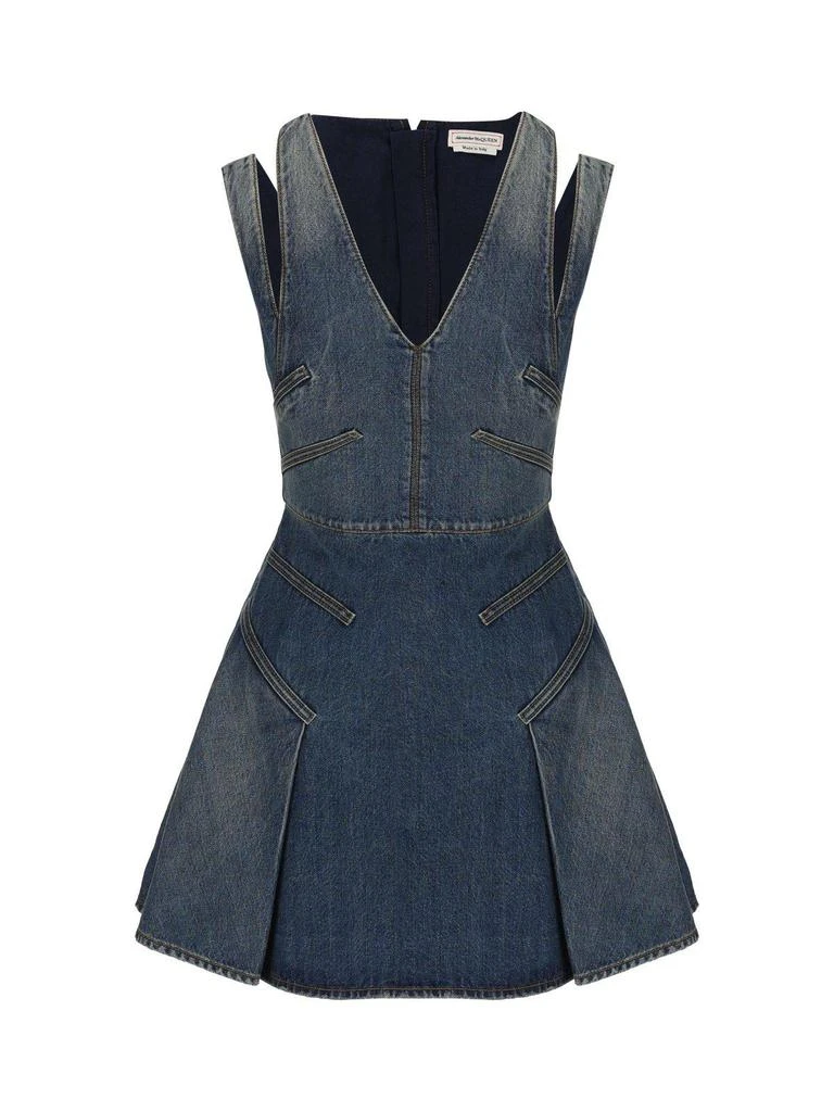 商品Alexander McQueen|V-neck Pleated Denim Mini Dress,价格¥7272,第1张图片