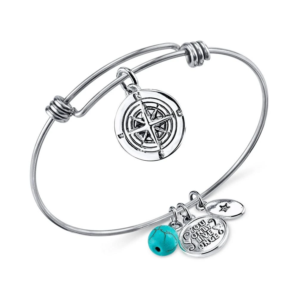 商品Unwritten|Journey Compass Charm and Manufactured Turquoise (8mm) Adjustable Bangle Bracelet in Stainless Steel with Silver Plated Charms,价格¥104,第1张图片