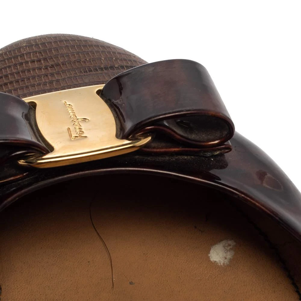  Salvatore Ferragamo Brown Lizard Embossed And Patent Leather Vara Bow Ballet Flats Size 40 商品