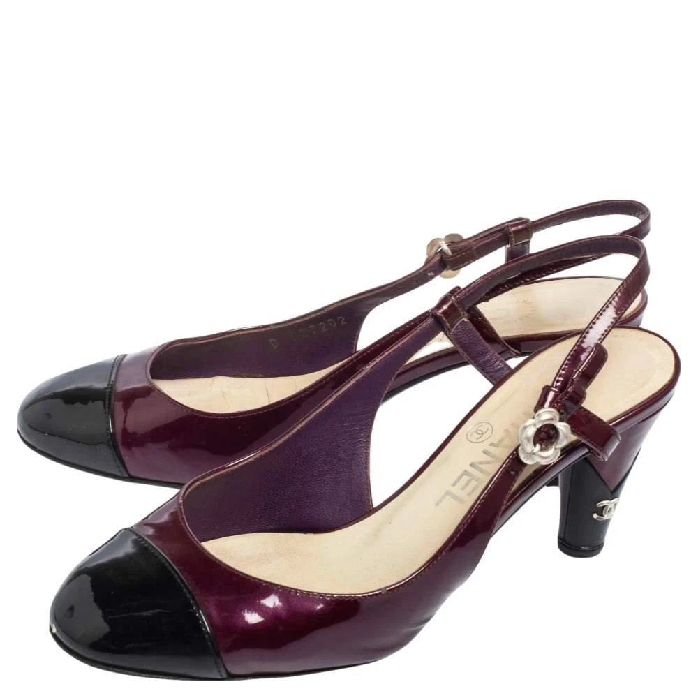 商品[二手商品] Chanel|Chanel Purple/Black Patent Leather Cap Toe Slingback Sandals Size 37,价格¥1903,第4张图片详细描述