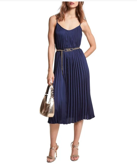 【无腰带】Pleated Slip Midi-Dress 迈克.科尔斯（MICHAEL KORS）女式百褶长裙 midnight blue 商品