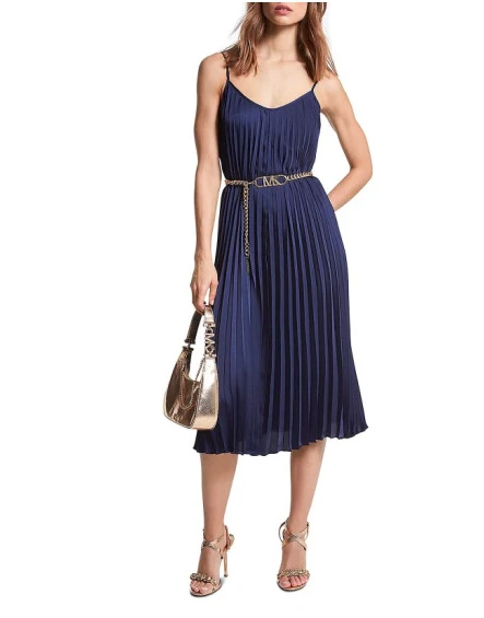 【无腰带】Pleated Slip Midi-Dress 迈克.科尔斯（MICHAEL KORS）女式百褶长裙 midnight blue 商品