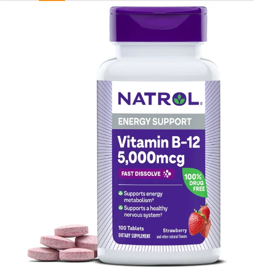 商品Natrol|（SEP30/25）Natrol Vitamin B12 Fast Dissolve Tablets, Promotes Energy, Supports a Healthy Nervous System, Maximum Strength, Strawberry Flavor, 5,000mcg, 100 Count,价格¥75,第1张图片