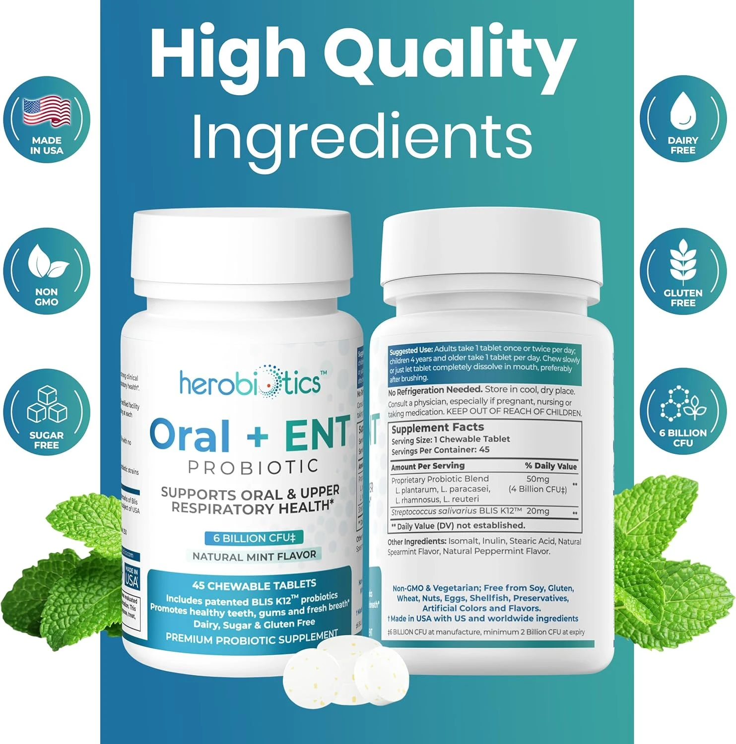 Oral Probiotics for Better Breath, Gingivitis, Strep Throat, Tonsil Stones, ENT - 6 Bn CFU Oral Probiotics with Lactobacillus Reuteri, L. Plantarum & BLIS K12-45 Chewable Tablets 商品