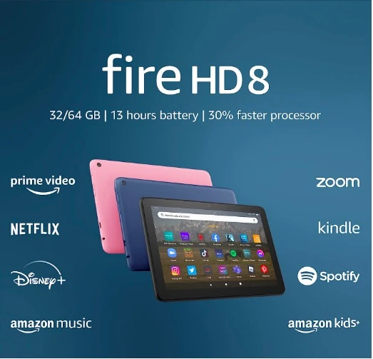 商品Amazon|Amazon Fire HD 8 tablet, 8” HD Display, 32 GB, 30% faster processor, designed for portable entertainment, (2022 release), Black, without lockscreen ads,价格¥509,第1张图片