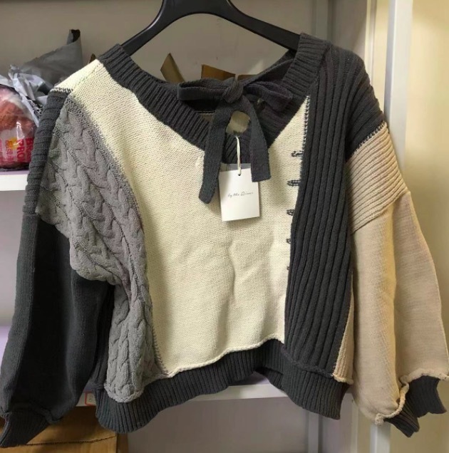 商品[国内直发] [国内直发] By The River|Moon River Women's Mixed Knit Colorblock Balloon Sleeve Back Tie Sweater,价格¥277,第1张图片