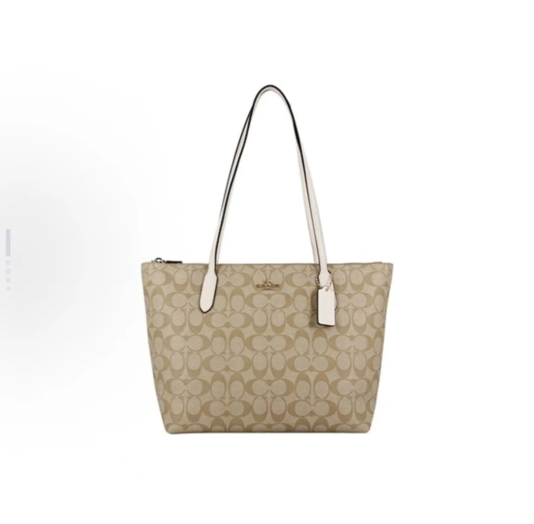 商品[国内直发] Coach|【无吊牌】COACH蔻驰 Zip Top Tote 30 老花帆布配皮托特包Tote包购物袋单肩包 大号 女款 白色配棕色老花,价格¥971,第1张图片