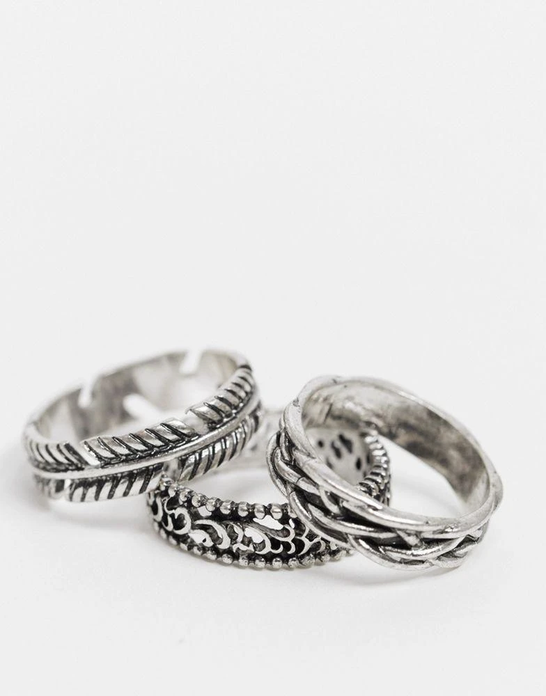 商品Reclaimed Vintage|Reclaimed Vintage inspired ring multipack with feather detail in silver,价格¥84,第4张图片详细描述