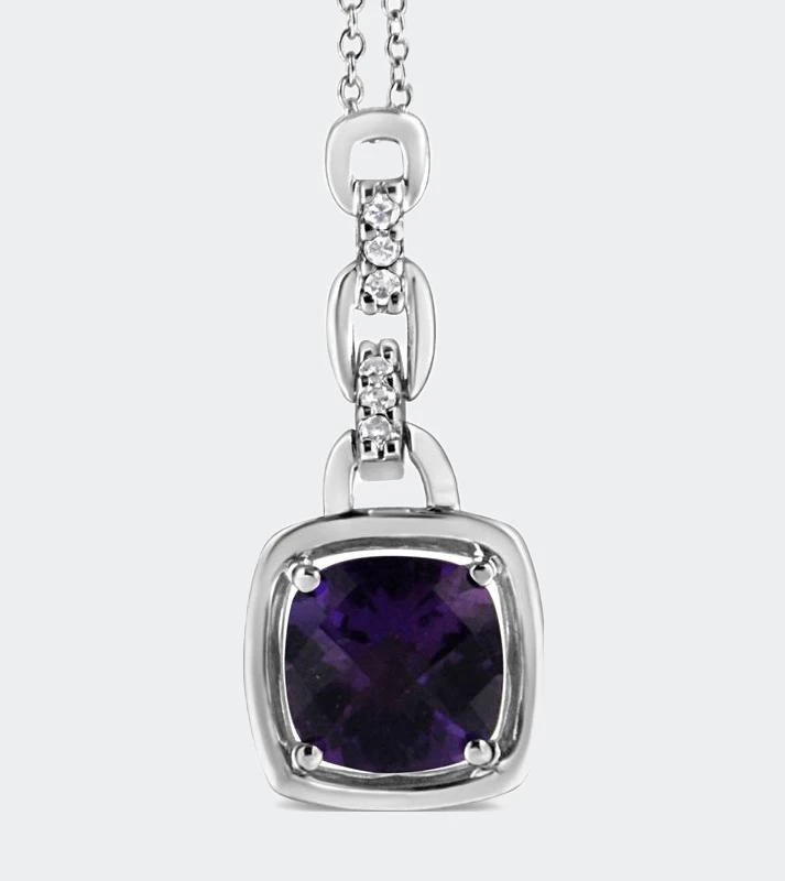 商品Haus of Brilliance|.925 Sterling Silver 6x6MM Cushion Shaped Natural Purple Amethyst and Diamond Accented Bale 18" Inch Pendant Necklace,价格¥2899,第2张图片详细描述